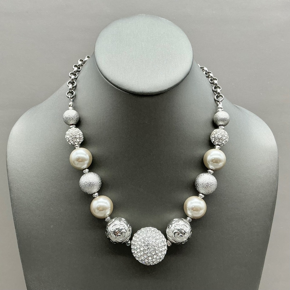 Chico's Necklace Women Silver Faux Pearl Rhinestone Bead Chunky Statement Glam